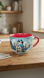 Taza Sopa Cabaña Navideña Porcelana Azul Bosque Azul