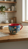 Taza Sopa Cabaña Navideña Porcelana Azul Luna Redonda