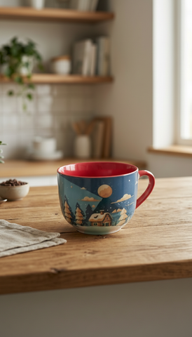 Taza Sopa Cabaña Navideña Porcelana Azul Luna Redonda