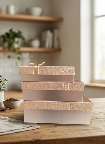 Caja El Mundo de Sofia Serie 3 pz Rosa dorado con brillos