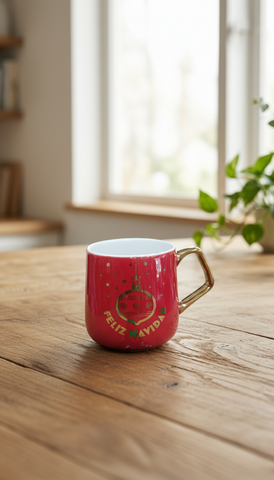 Taza El Mundo De Sofia De Porcelana Roja Navidad Aza Dorada
