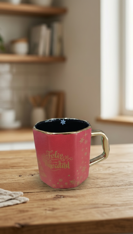 Taza El Mundo De Sofia Octagonal Navideña Porcelana Roja