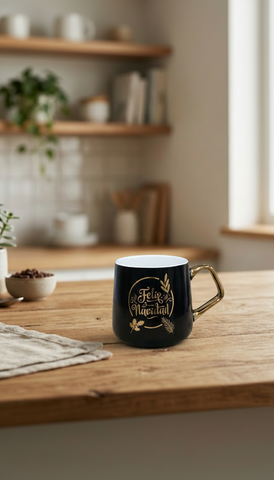 Taza Porcelana El Mundo De Sofia Negra Aza Dorada